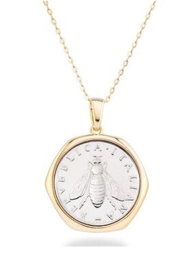 Italian 18K Gold- 925 Sterling Silver
Genuine
2-Lira Bee Coin Medallion Necklace